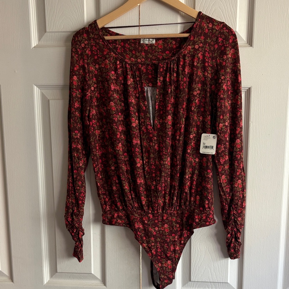 Free People Intimates Floral Long Sleeve Bodysuit - Red